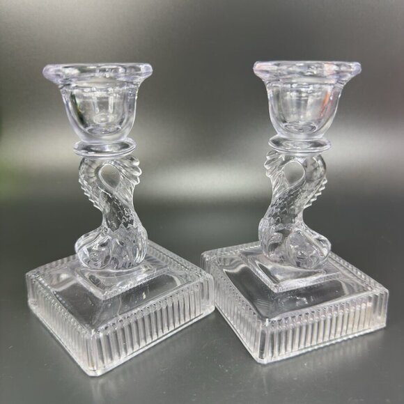 Imperial Glass Clear Dolphin Koi Fish Candlestick Candle Holder Set 2 Votive VTG - Picture 8 of 11